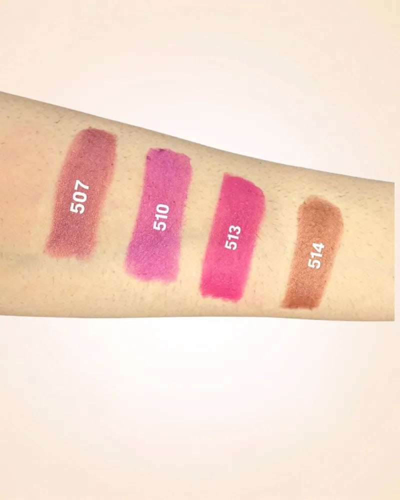 Forearm swatches comparing Swiss Miss Classic Lipstick shades 507, 510, 513, and 514.