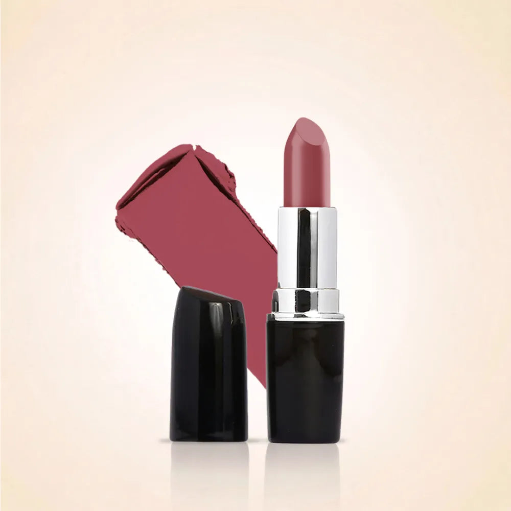 Swiss Miss Classic Lipstick in Blossom Pink M-247 open bullet tube displayed next to a soft rosy pink color swatch streak.