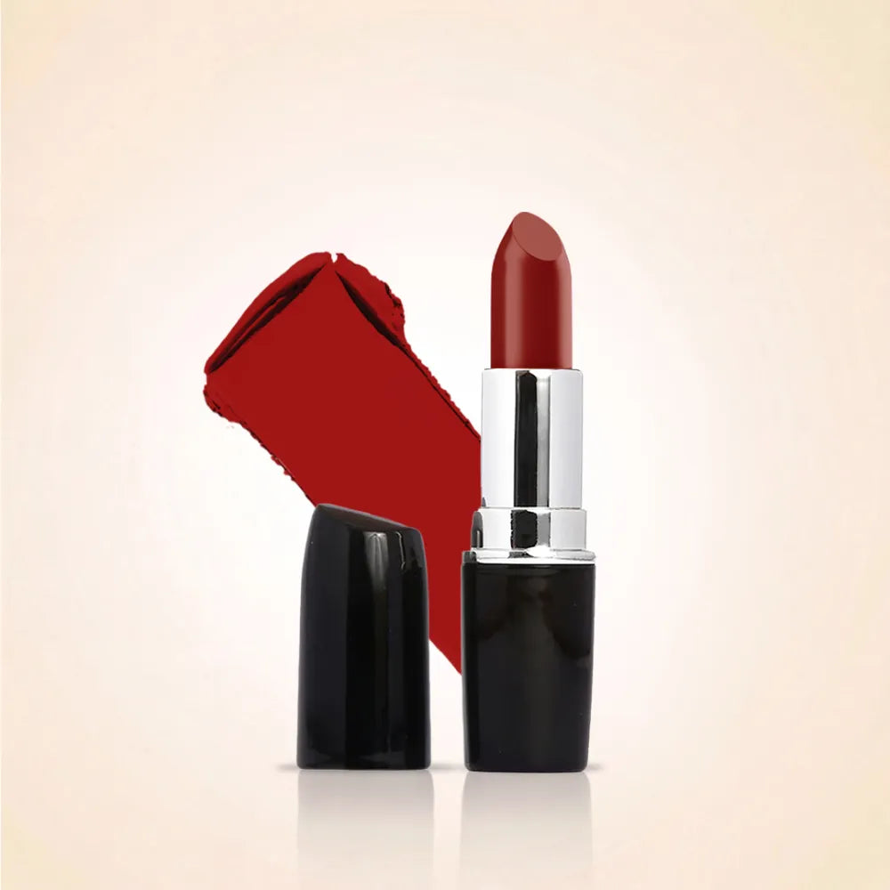 Swiss Miss Classic Lipstick in shade Cherry Pop M-24 shown open with black tube and vibrant red color swatch.