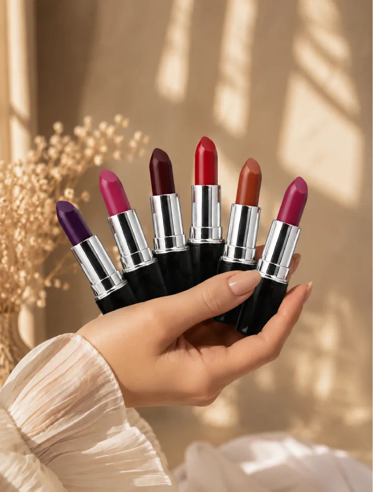 Hand holding a range of open Swiss Miss Classic Lipstick shades.