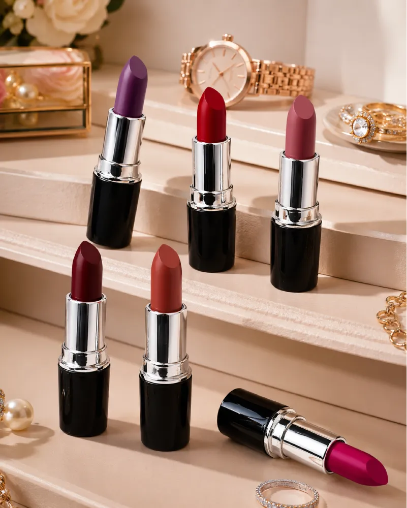 Six open Swiss Miss Classic Lipsticks displayed on stepped beige steps with gold jewelry and a watch.