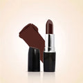 Swiss Miss Classic Lipstick in Dark Chocolate M-223 open bullet tube displayed next to a deep brown color swatch streak.