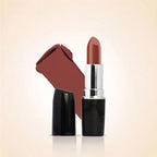 Swiss Miss Classic Lipstick in Metallic Brown M-249 open bullet tube displayed next to a warm metallic brown color swatch streak.