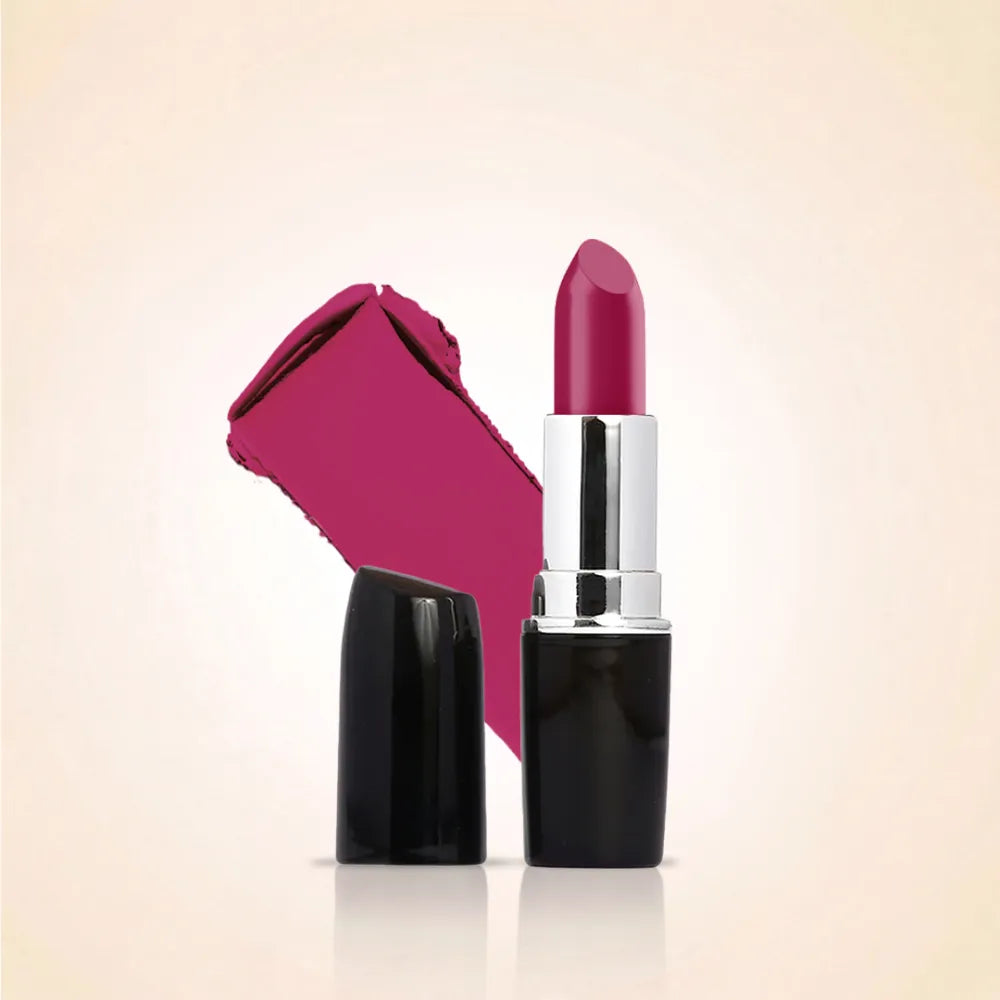 Swiss Miss Classic Lipstick in Raspberry Rose M-257 open bullet tube displayed next to a deep vibrant berry pink color swatch streak.