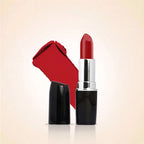 Swiss Miss Classic Lipstick in Ruby Romance M-515 open bullet tube displayed next to a vibrant red color swatch streak.