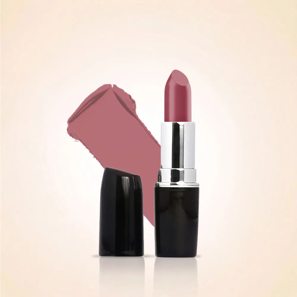 Swiss Miss Classic Lipstick in Sugar Pink M-209 open bullet tube displayed next to a color swatch streak.