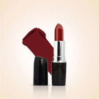 Swiss Miss Classic Lipstick in True Maroon M-284 open bullet tube displayed next to a deep rich maroon red color swatch streak.