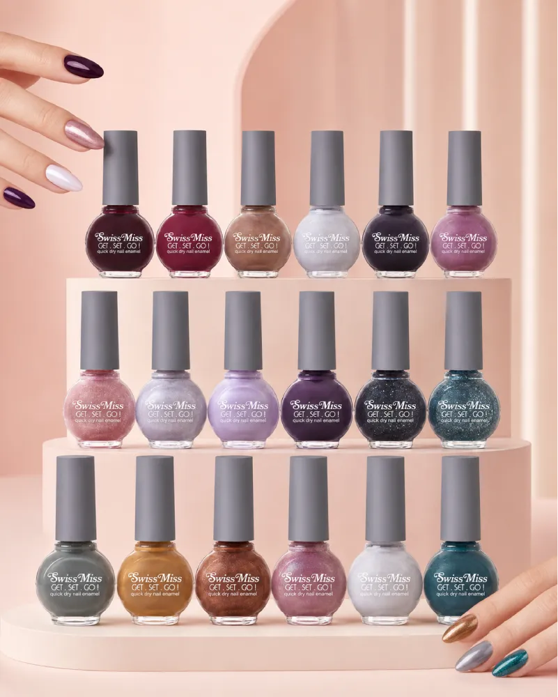 Swiss Miss Get Set Go quick dry nail polish collection displayed in various glossy, glitter, and metallic shades.