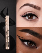 Swiss Miss Flawless Match Marker Eyeliner pen alongside model looks showcasing classic winged and graphic eyeliner styles.