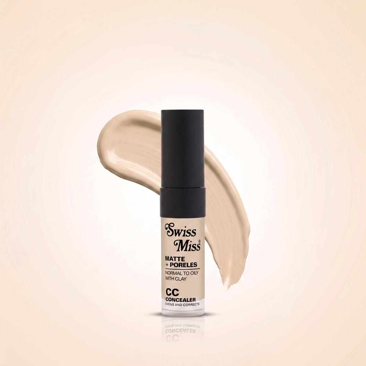 Swiss Miss Matte + Poreless CC Concealer in Fine Plush SM 03 with liquid concealer swatch background