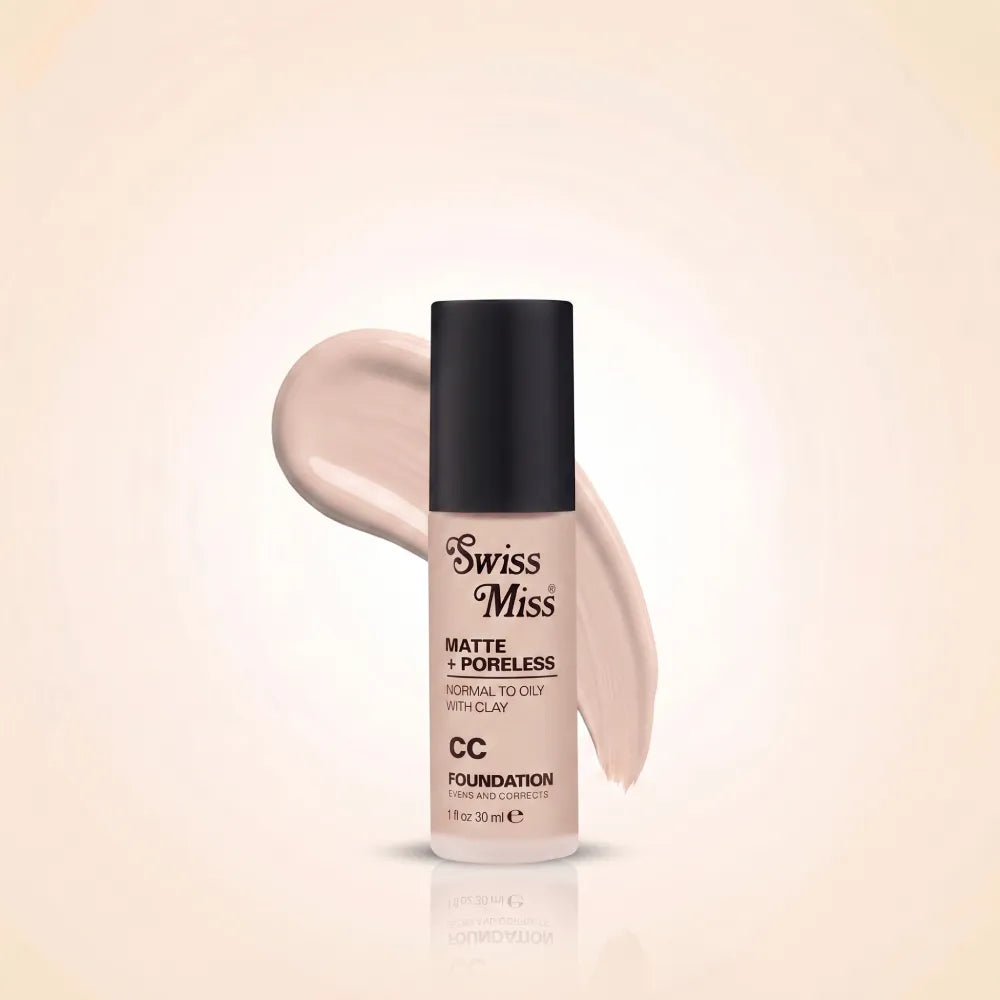 Swiss Miss Matte + Poreless CC Foundation in Light Ivory SM 01 with liquid foundation swatch background