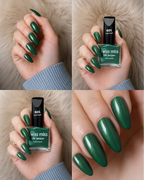 Four-panel swatch collage showcasing Swiss Miss Silk Lacquer nail enamel in shade 601 Mermaid, a glossy emerald green nail polish.