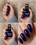 Four-panel swatch collage featuring Swiss Miss Silk Lacquer nail enamel in shade 604 Denim, a rich glossy navy blue nail polish.