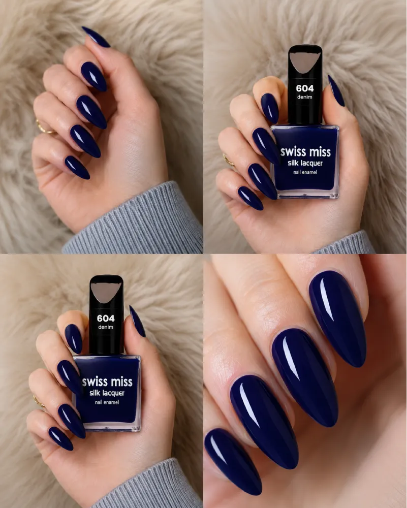 Four-panel swatch collage featuring Swiss Miss Silk Lacquer nail enamel in shade 604 Denim, a rich glossy navy blue nail polish.