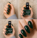 Four-panel swatch collage featuring Swiss Miss Silk Lacquer nail enamel in shade 608 Emerald Gold, a deep glossy emerald green nail polish with subtle shimmer.