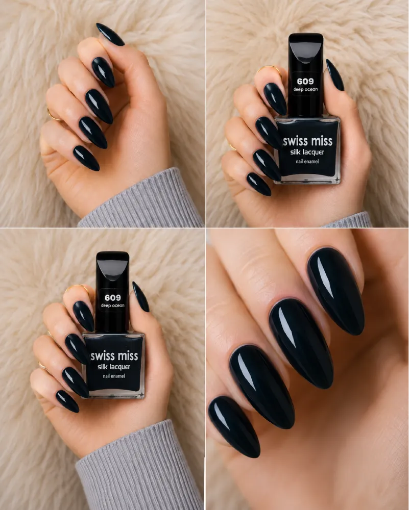 Four-panel swatch collage featuring Swiss Miss Silk Lacquer nail enamel in shade 609 Deep Ocean, a glossy ultra-dark navy teal nail polish.