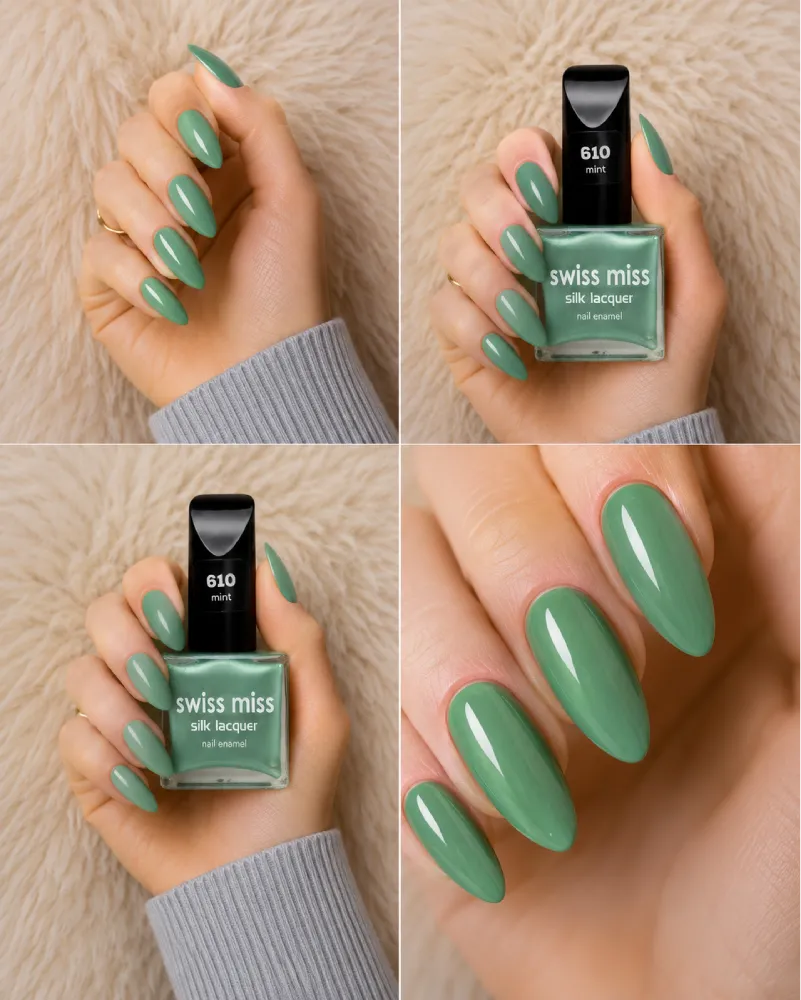 Four-panel swatch collage featuring Swiss Miss Silk Lacquer nail enamel in shade 610 Mint, a glossy sage mint green nail polish.