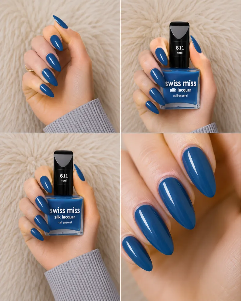 Four-panel swatch collage featuring Swiss Miss Silk Lacquer nail enamel in shade 611 Teal, a glossy deep ocean blue nail polish.