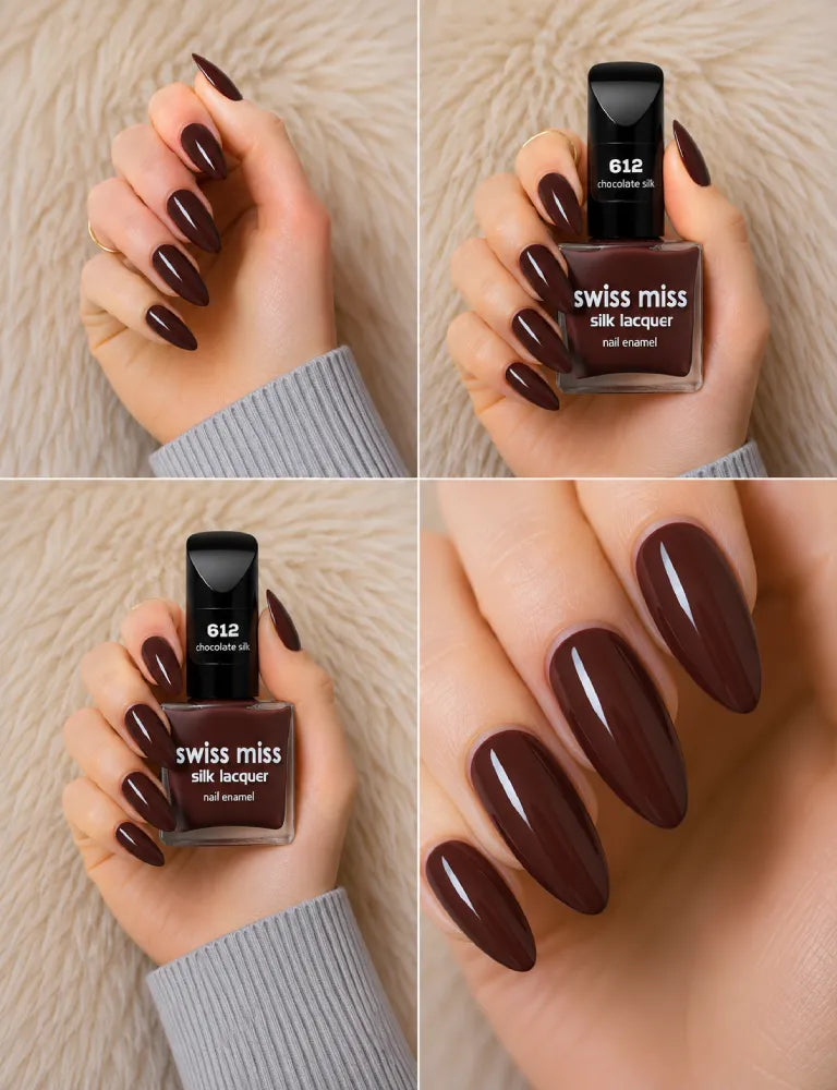 Four-panel swatch collage featuring Swiss Miss Silk Lacquer nail enamel in shade 612 Chocolate Silk, a glossy deep chocolate brown nail polish.