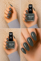 Four-panel swatch collage featuring Swiss Miss Silk Lacquer nail enamel in shade 615 Gorgeous Grey, a glossy deep slate grey nail polish.