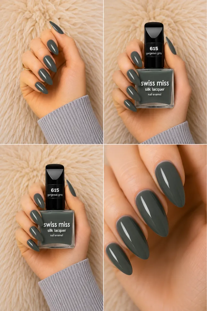 Four-panel swatch collage featuring Swiss Miss Silk Lacquer nail enamel in shade 615 Gorgeous Grey, a glossy deep slate grey nail polish.
