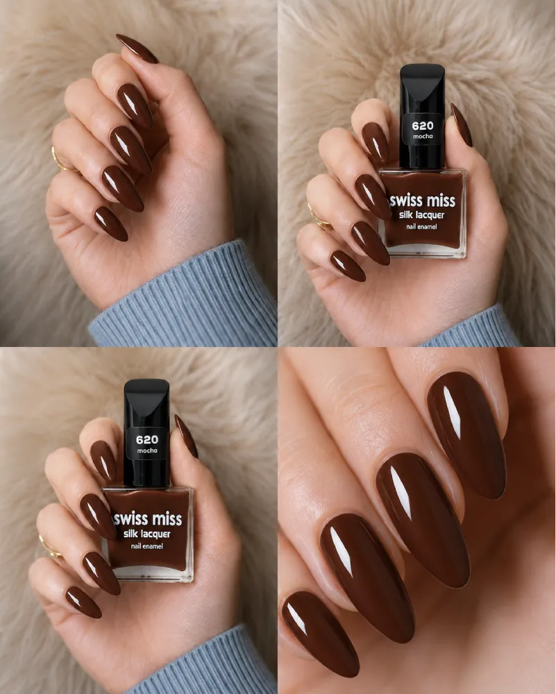 Four-panel swatch collage featuring Swiss Miss Silk Lacquer nail enamel in shade 620 Mocha, a glossy warm medium coffee brown nail polish.