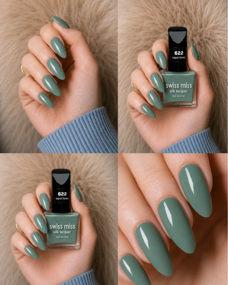 Four-panel swatch collage featuring Swiss Miss Silk Lacquer nail enamel in shade 622 Aqua Forest, a glossy muted sage green nail polish.