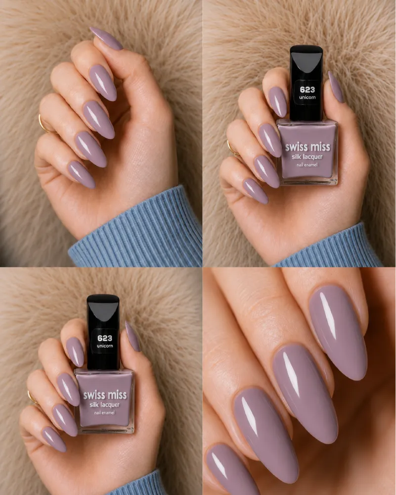 Four-panel swatch collage featuring Swiss Miss Silk Lacquer nail enamel in shade 623 Unicorn, a glossy soft lilac mauve nail polish.