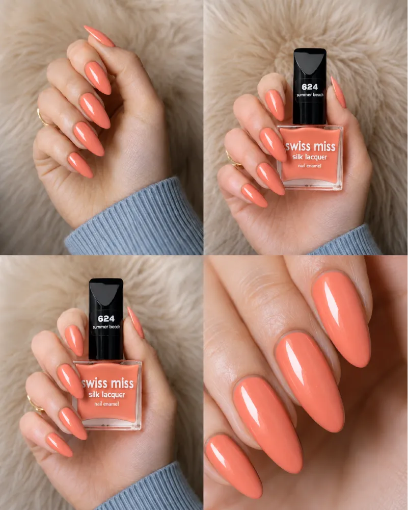 Four-panel swatch collage featuring Swiss Miss Silk Lacquer nail enamel in shade 624 Summer Beach, a glossy peach coral nail polish.