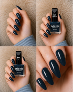 Four-panel swatch collage featuring Swiss Miss Silk Lacquer nail enamel in shade 627 Midnight Blue, a glossy deep dark navy blue nail polish.