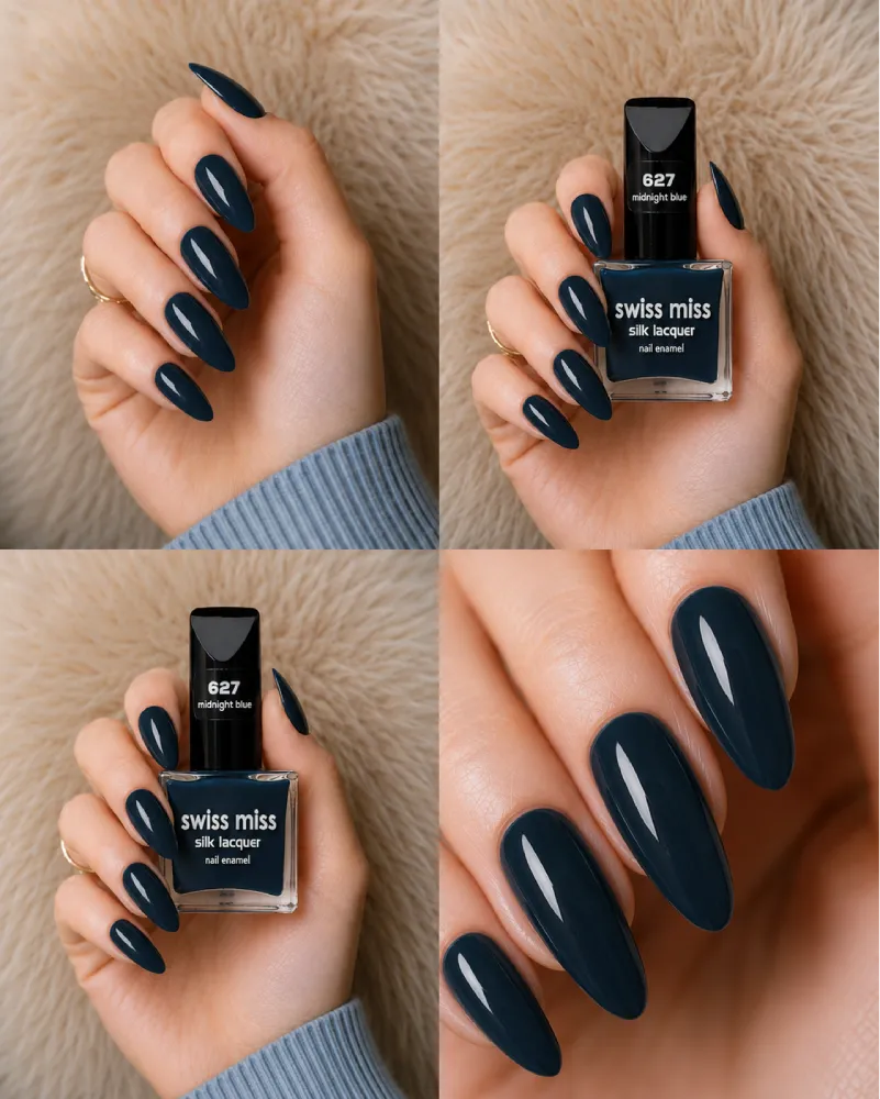 Four-panel swatch collage featuring Swiss Miss Silk Lacquer nail enamel in shade 627 Midnight Blue, a glossy deep dark navy blue nail polish.