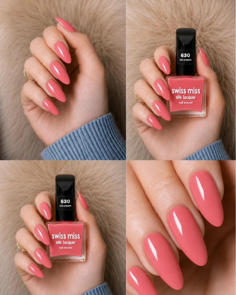 Four-panel swatch collage featuring Swiss Miss Silk Lacquer nail enamel in shade 630 Ice Cream, a glossy soft strawberry pink nail polish.
