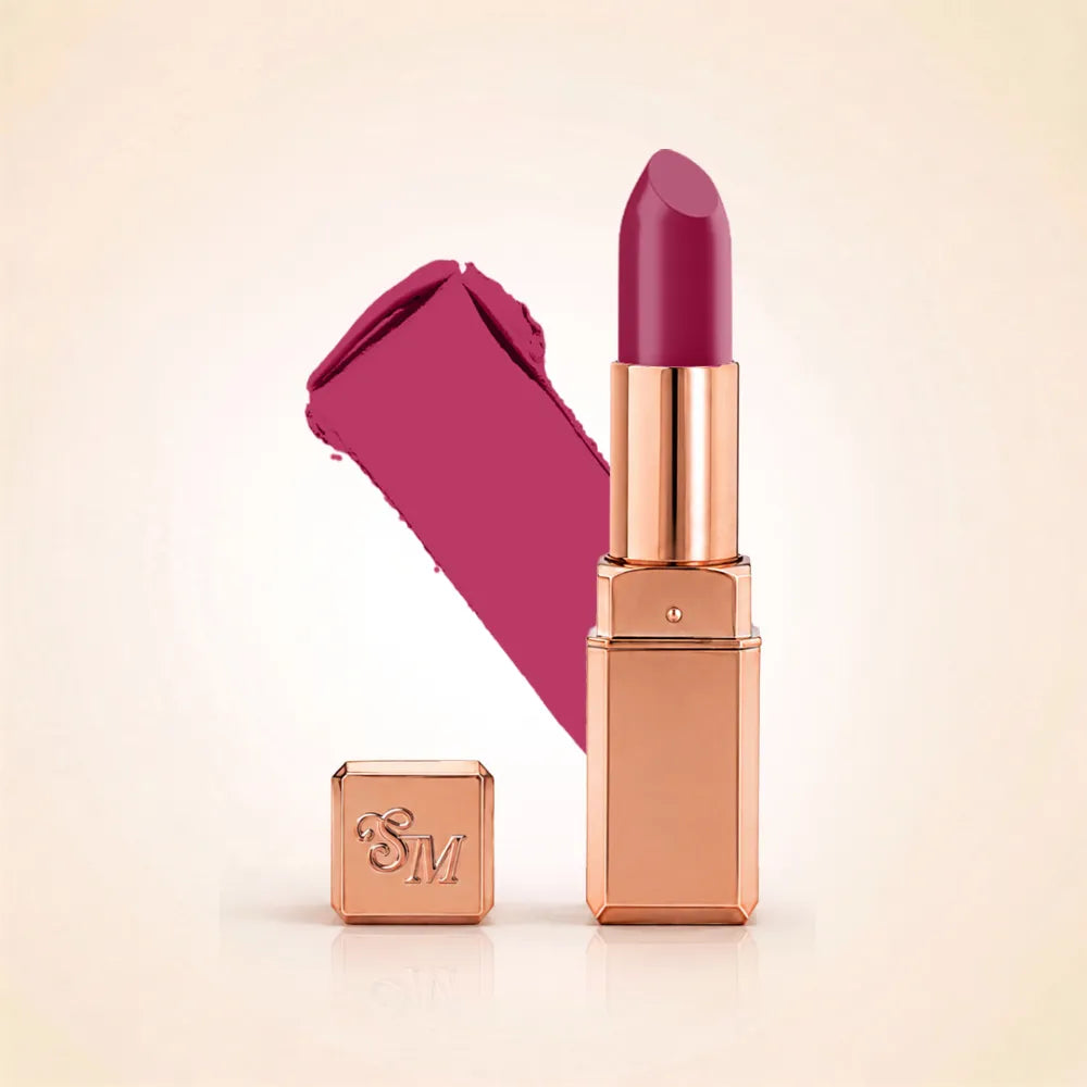 Swiss Miss Silk Lipstick in shade Spring Lilac (722) in gold bullet packaging shown alongside a textured cream color swatch.