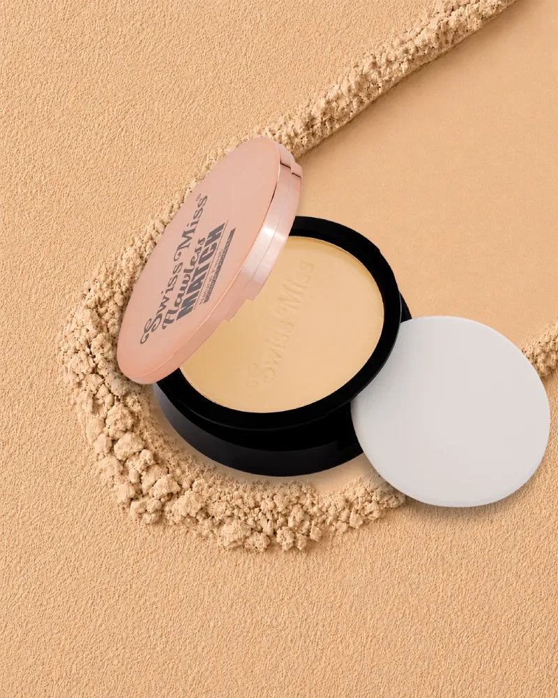 Swiss Miss Flawless Match Compact Powder open case with sponge applicator in shade Natural Beige SM 03 displayed over a textured beige powder background.