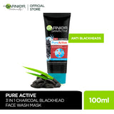 Garnier - Pure Active 3-in-1 Charcoal Blackhead Face Wash, Mask & Scrub - 100ml
