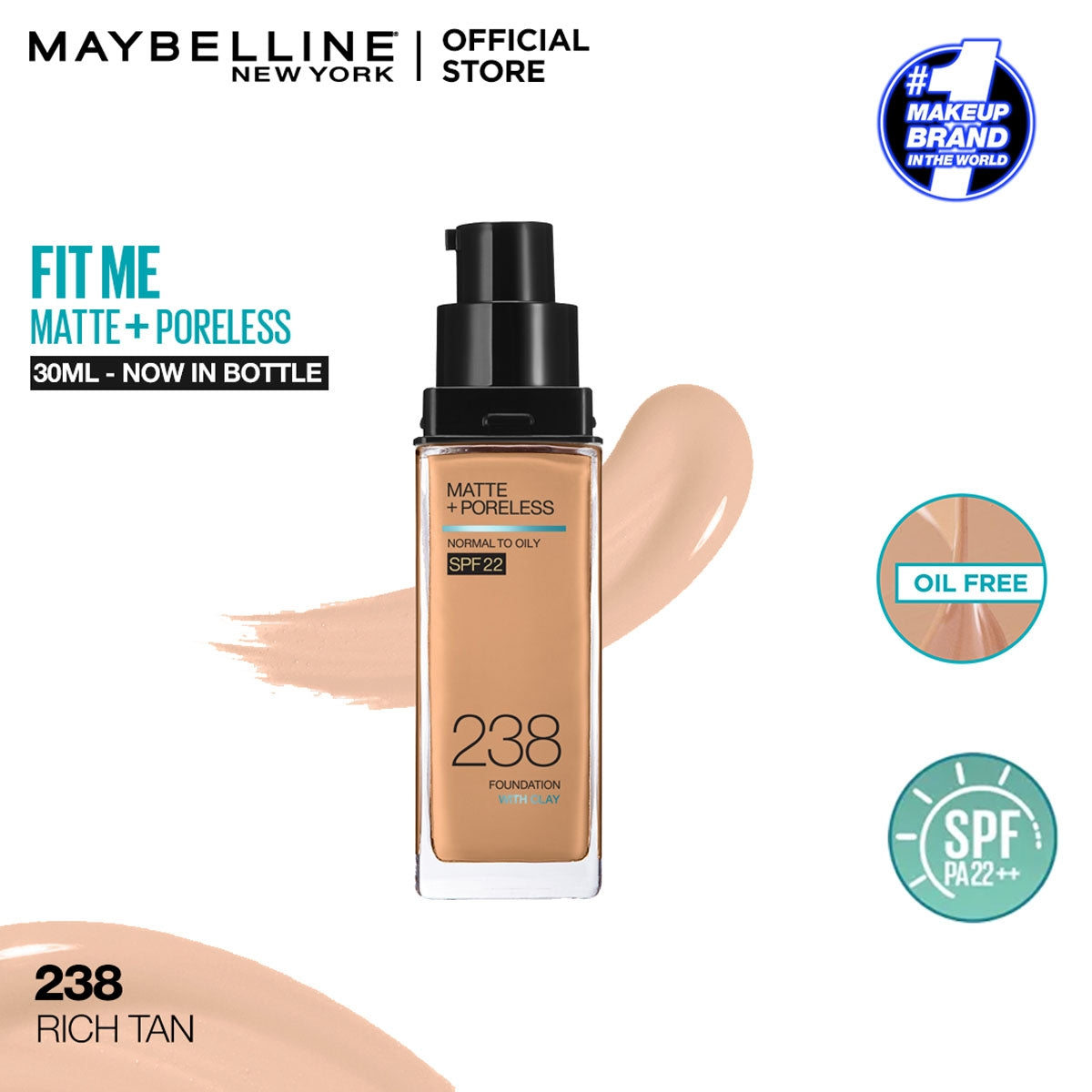 Maybelline - Fit Me Matte + Poreless Liquid Foundation SPF 22 - 238 Rich Tan 30ml