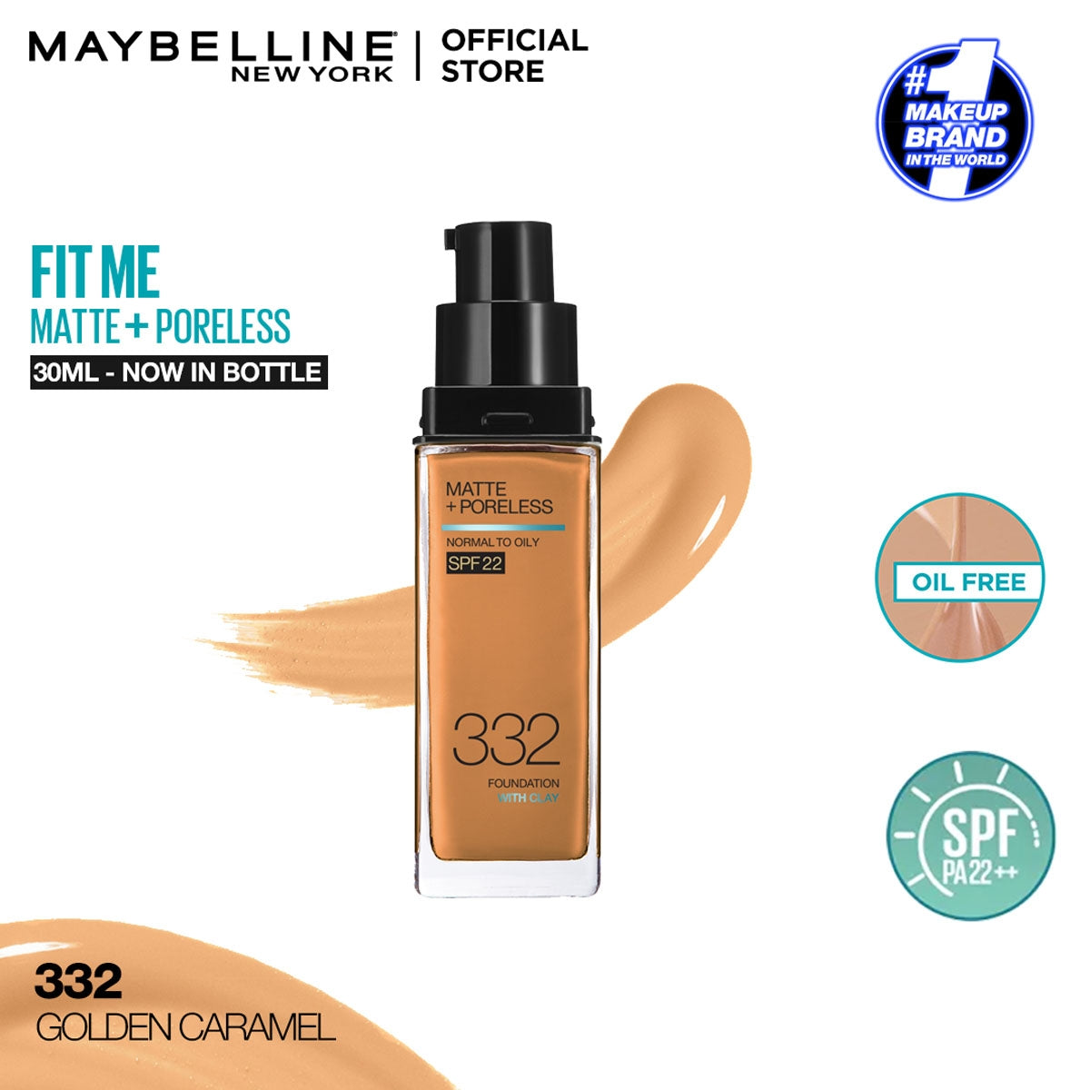 Maybelline - Fit Me Matte + Poreless Liquid Foundation SPF 22 - 332 Golden Caramel 30ml